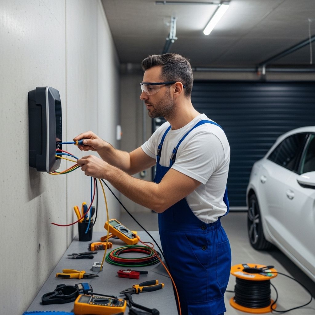 Elektriker installiert eine intelligente Wallbox in einer Garage