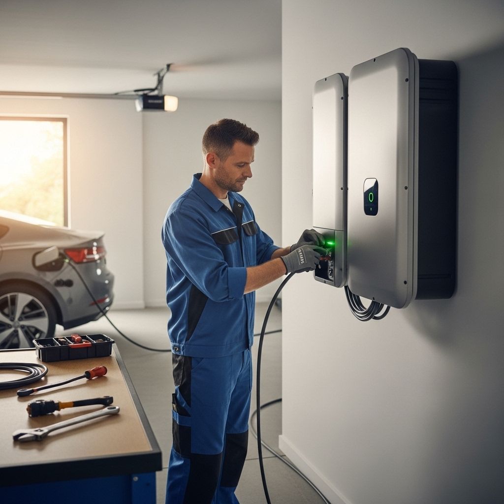 Elektriker installiert Batteriespeicher im Keller