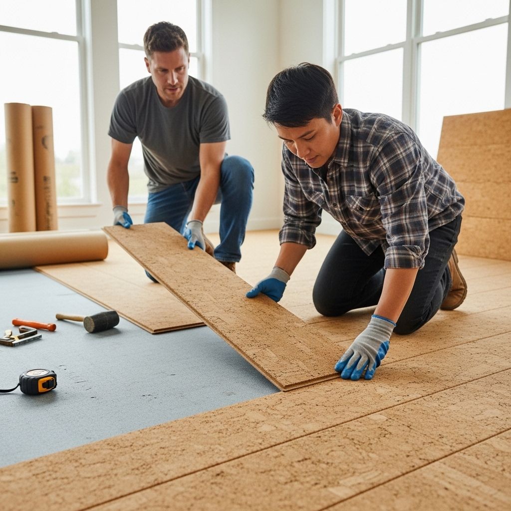 Installation eines Korkbodens in einem modernen Wohnraum