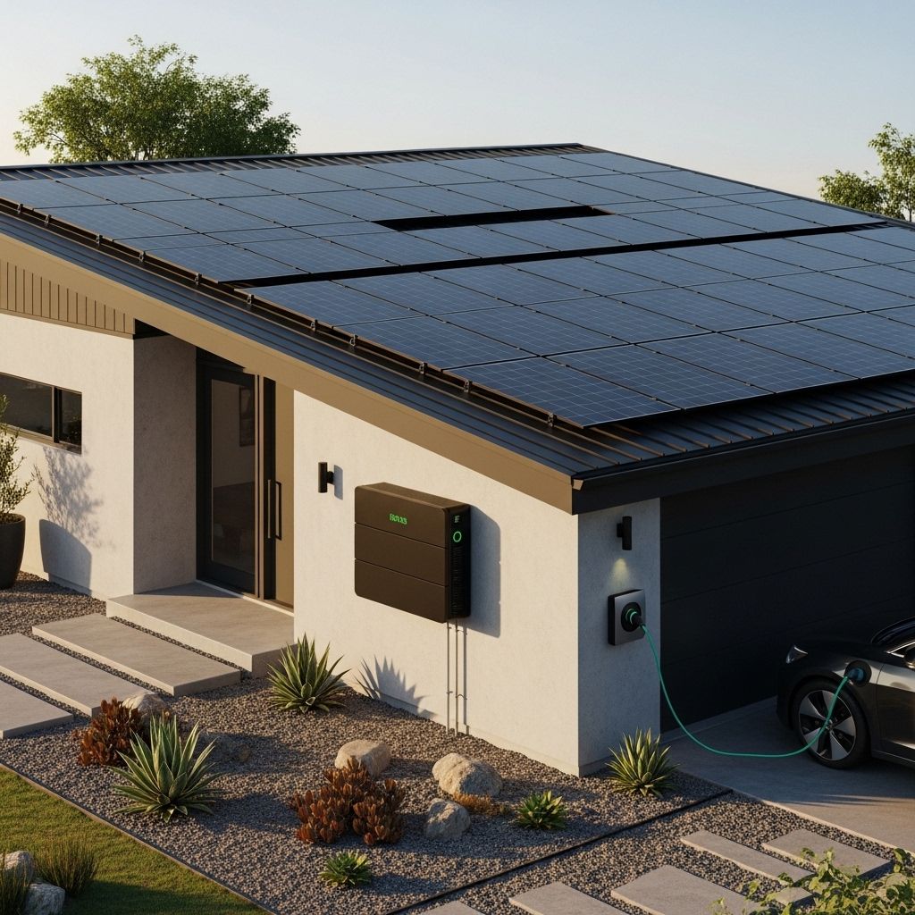 Moderne PV-Anlage auf dem Dach mit Batteriespeicher im Technikraum