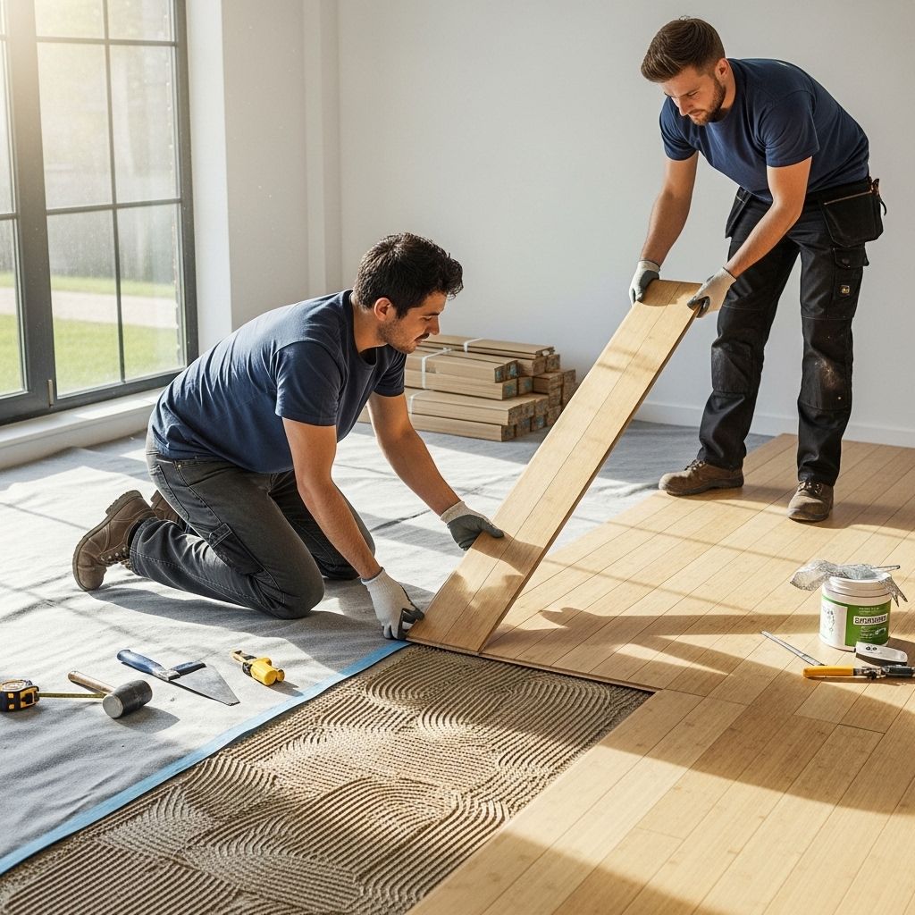 Handwerker verlegt einen nachhaltigen Bodenbelag