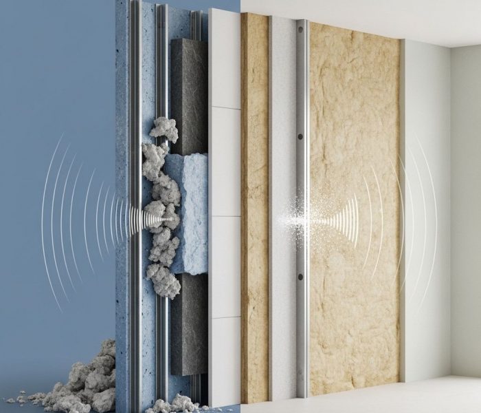 Akustische Trockenbauwand mit Gipskartonplatten in modernem Büro