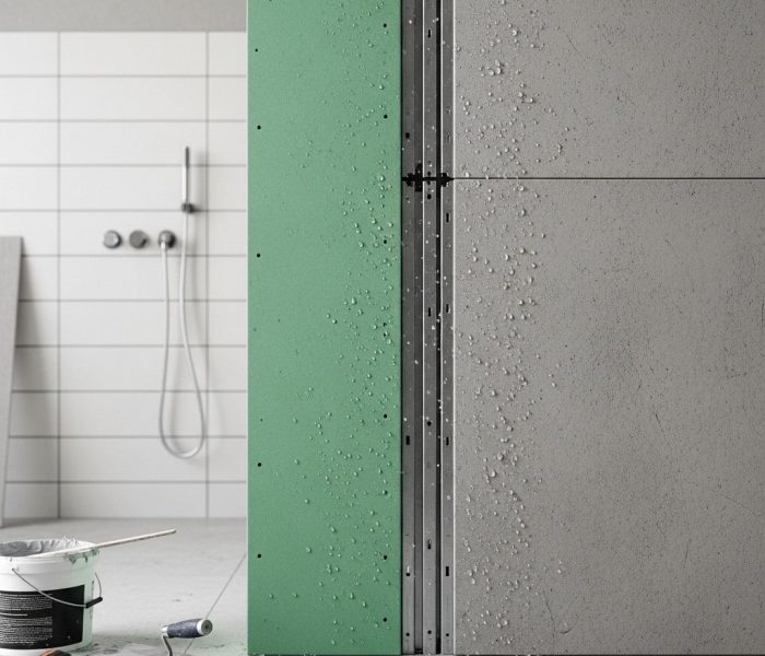Aquapanel Feuchtraumplatten an der Wand eines modernen Badezimmers installiert