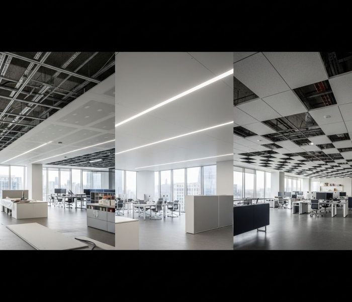 Büro-Deckenabhängung mit Trockenbau und Akustikplatten