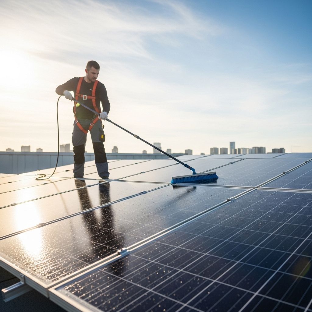 Fachmann reinigt Photovoltaikanlage auf Einfamilienhaus