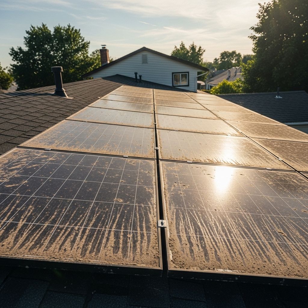 Verschmutzte Solarpaneele auf dem Dach eines Einfamilienhauses