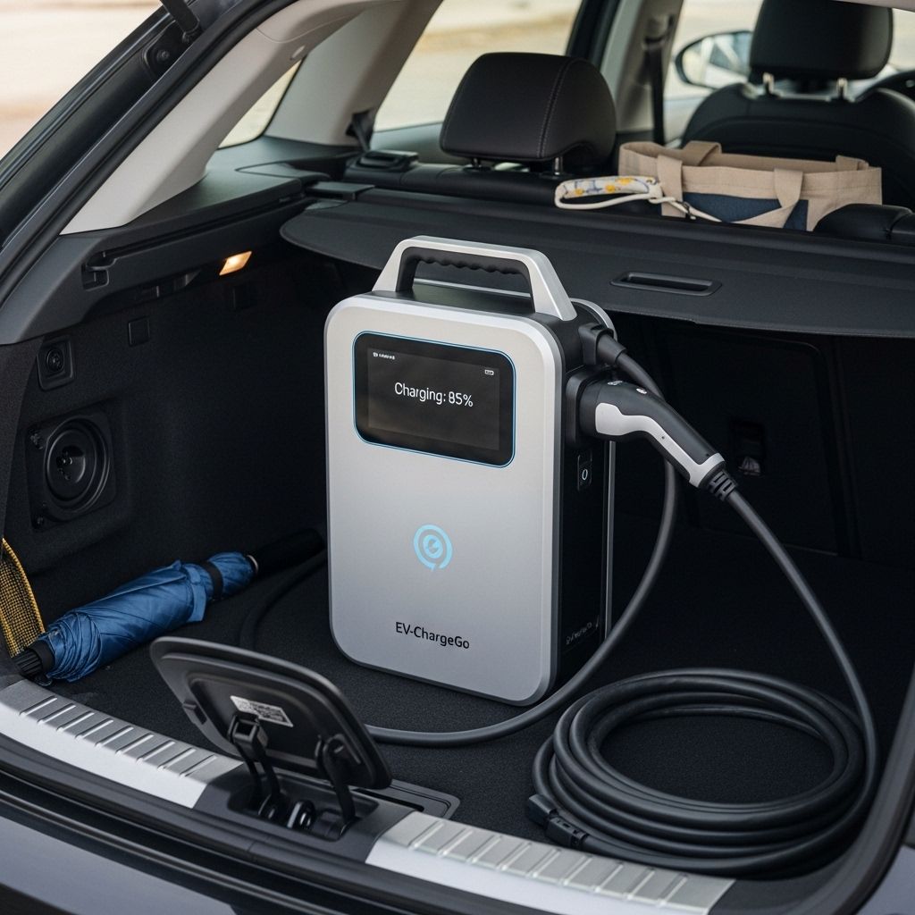 Portable Wallbox im Kofferraum eines E-Autos mit Ladekabel und Zubehör