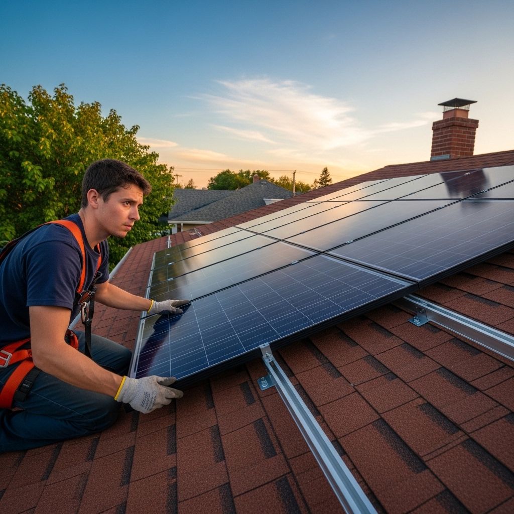 Handwerker installiert Photovoltaikanlage auf Einfamilienhausdach