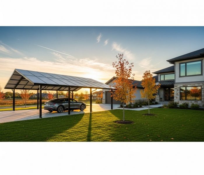PV-Carport mit Solarpanelen auf modernem Einfamilienhaus
