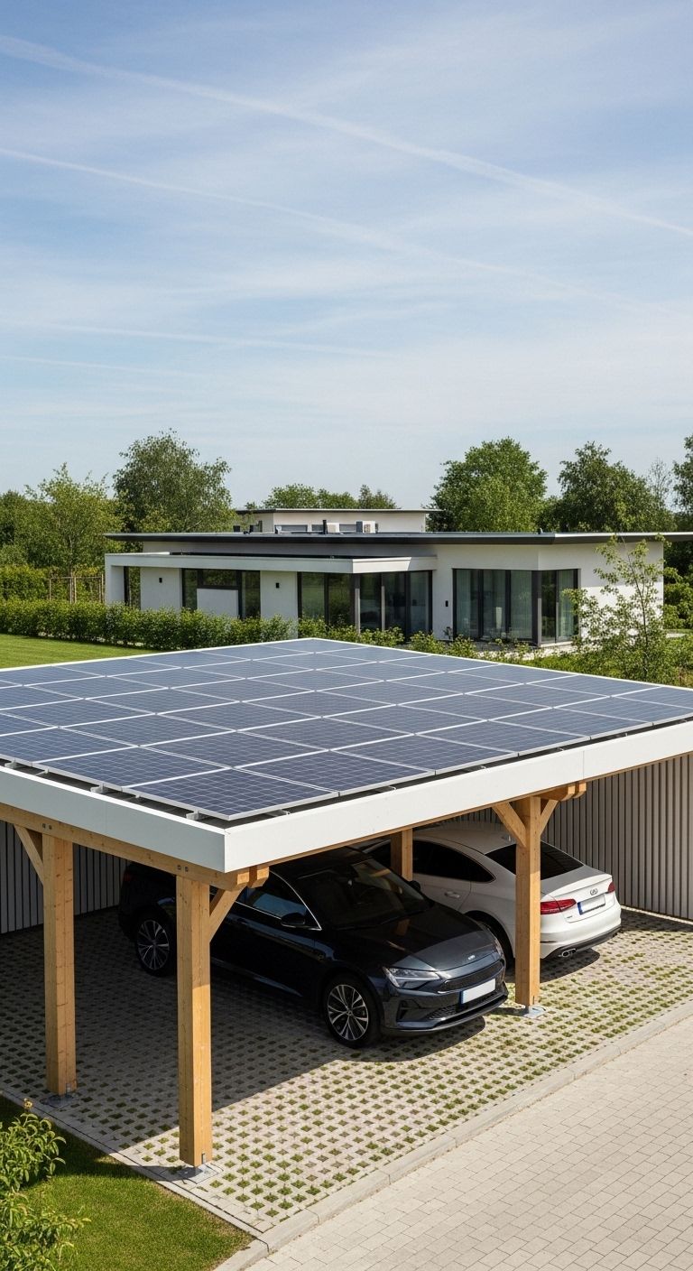 PV-Carport Installation mit Solarpanelen auf dem Dach