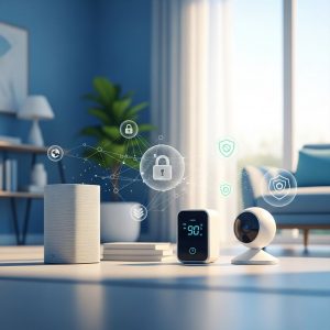 Smart Home System mit Datenschutz-Symbolen und Server-Standort