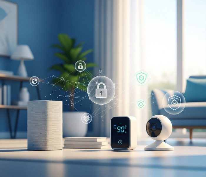 Smart Home System mit Datenschutz-Symbolen und Server-Standort