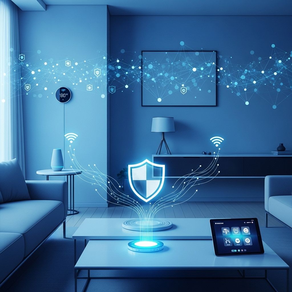 Smart Home System mit Datenschutz-Symbolen und verschlüsselten Daten