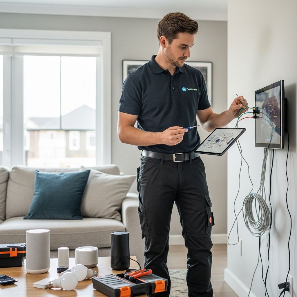 Fachmann installiert Smart Home Komponenten in einem Wohnhaus