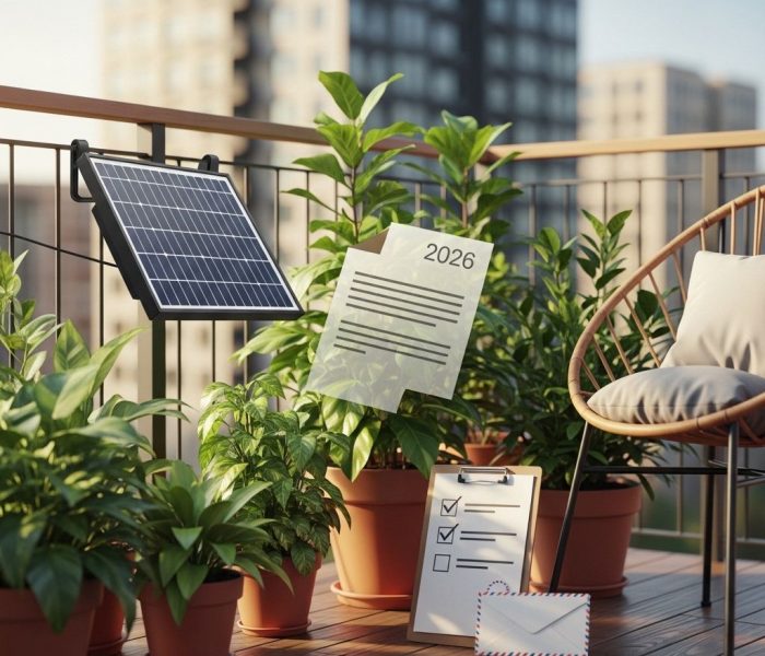 Solaranlage auf dem Balkon eines Mietwohnhauses mit Steckersystem