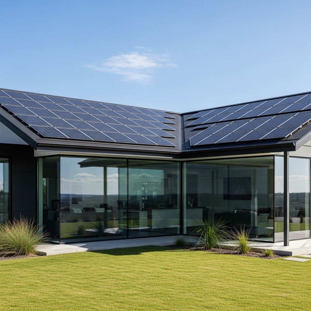 Solarziegel auf dem Dach eines modernen Einfamilienhauses mit integrierter Photovoltaik