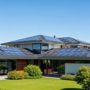 Solarziegel auf modernem Einfamilienhausdach mit integrierter Photovoltaik