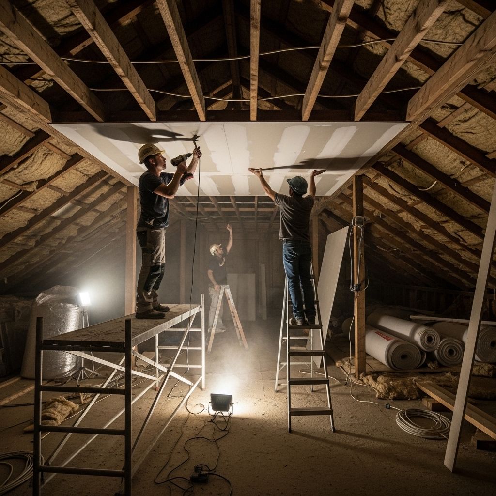 Montage von Trockenbau an schräger Wand im Dachgeschoss