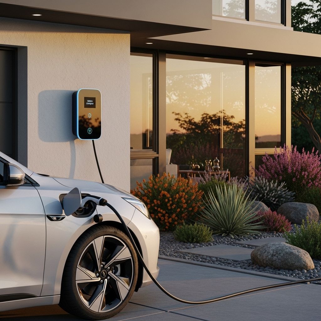 Wandmontierte Wallbox mit Ladekabel in einer privaten Garage